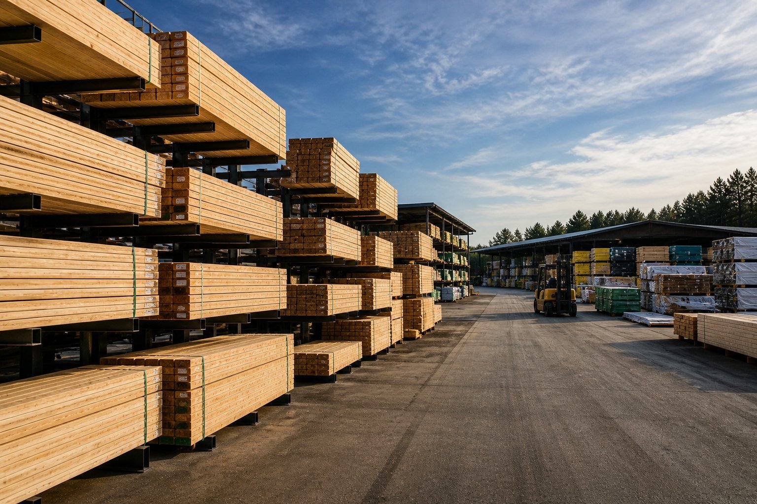 Lumber yard with stacked timber